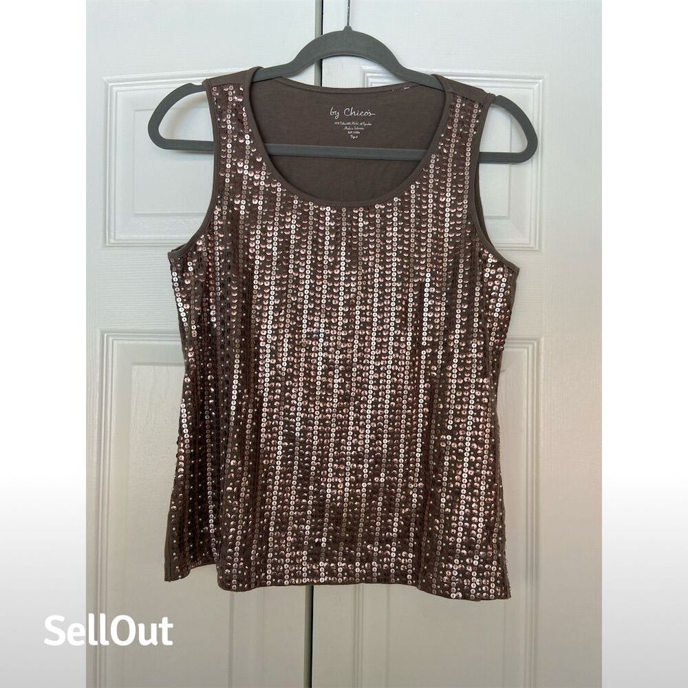 Chico's Women's Sequin Sleeveless Tank Top Brown Size 0 Standard Casual